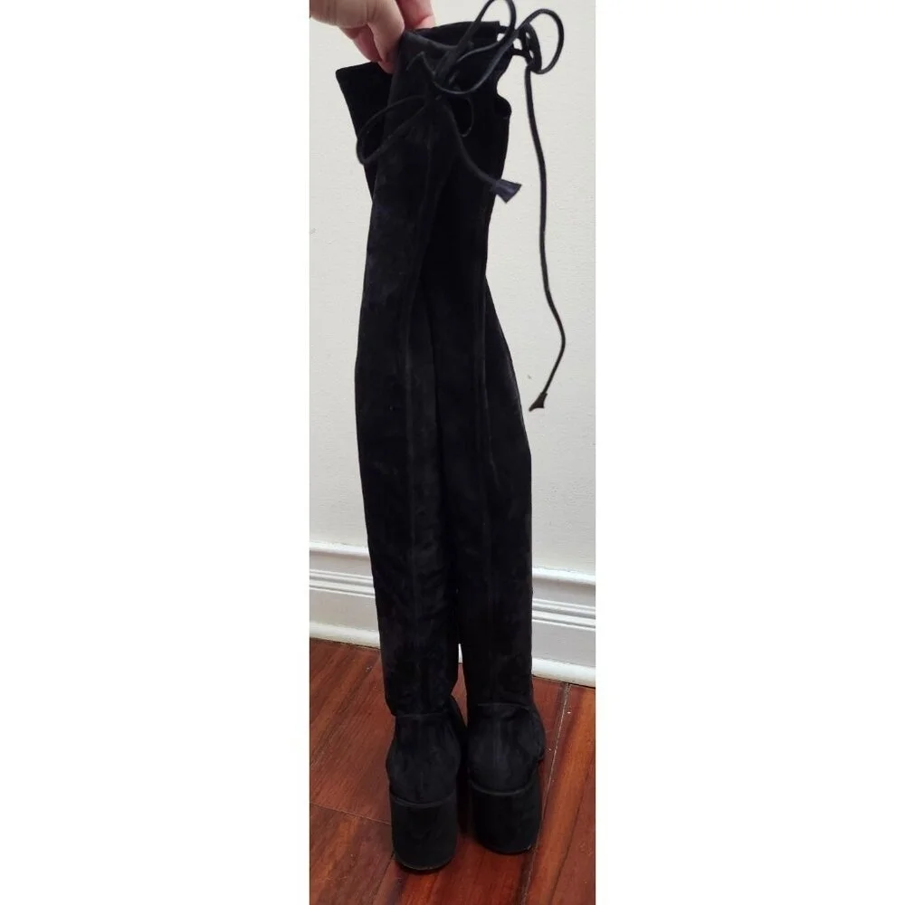 Aquatalia Women’s 6 Black Suede Over The Knee Boots Made in Italy Block Heel Tie